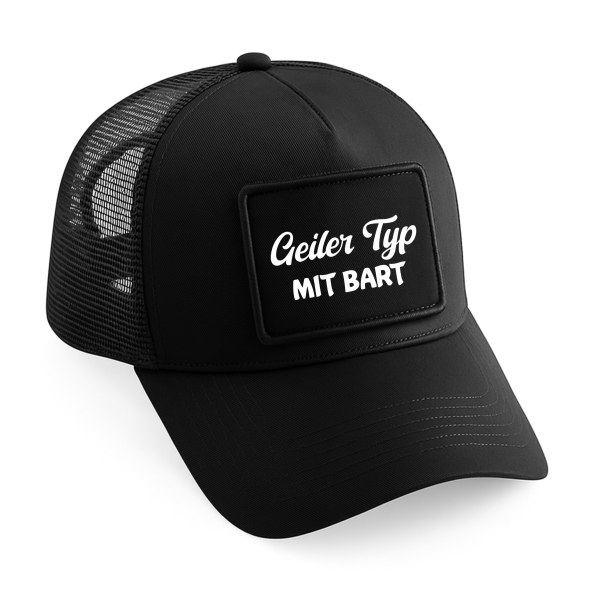 Schwarze Mesh Cap – Basecap mit Klettpatch - Schwarze Trucker Cap mit Netzrückseite, verstellbar: Geiler Typ mit Glatze o. Geiler typ mit Bauch o. Geiler Typ mit Bart