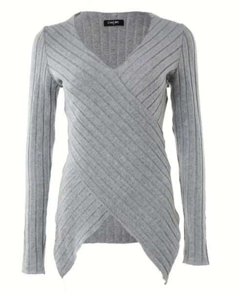 Damen Strickpullover Langarmpullover, Geripptes Pullover, Wickelpullover