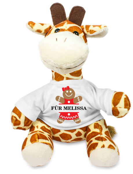 Stofftier, Kuscheltier mit Weihnachtsmuster: Hase, Bär, Giraffe, Elefant, Schaf mit Wunschnamen und Mini Tshirt - Motiv nach Wahl - Nikolaus, Wichtel, Keks, Rentier