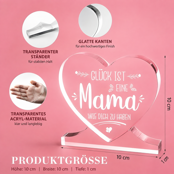 Acryl Herz mit Spruch „Glück ist eine Mama wie dich zu haben“ – Herz Deko & Geschenk für Mama 10 cm