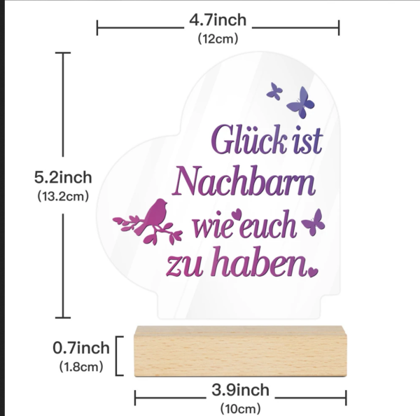 Acrylschild mit Holzsockel Acryl Herz, Acryl Aufsteller, mit Spruch:"Glück ist, Nachbarn wie Dich zu haben