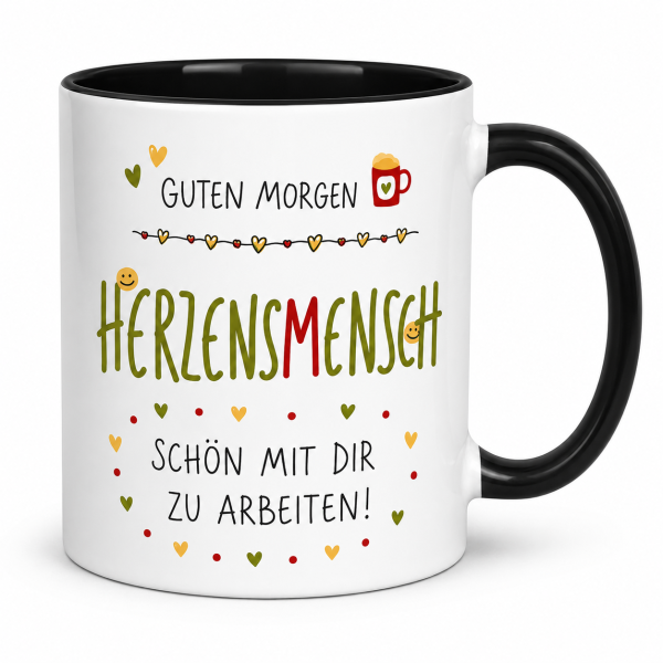 Herzensmensch Tasse – Guten Morgen, Schön mit dir zu arbeiten | Geschenk für Kollegin | Kaffeebecher mit Spruch | Weiß-Schwarz