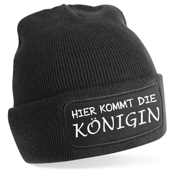One Size Beanie, Mütze mit Spruch: Hier kommt die Königin / Hier kommt der König