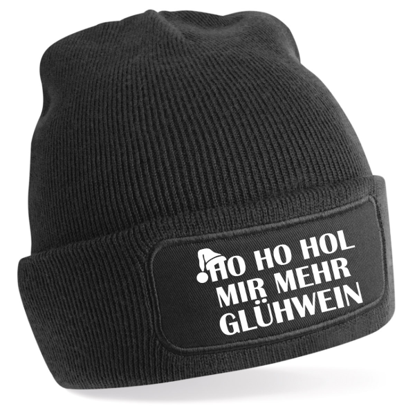 One Size Beanie, Mütze bedruckt mit Spruch: Ho Ho Hol mir mehr Glühwein