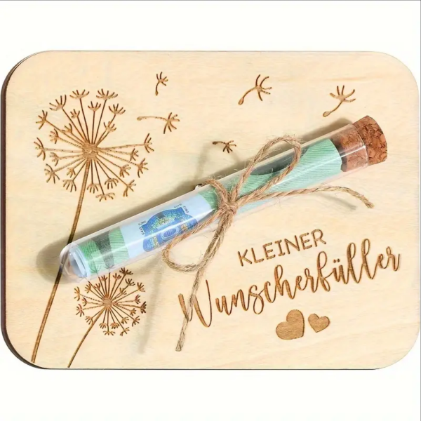 Geldgeschenkbox aus Holz mit Korkverschluss "Kleiner Wunscherfüller"
