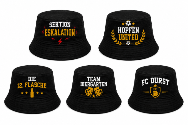 Lustiger Bucket Hat WM Fan Hut – Bierliebhaber Fischerhut mit Fußball Spruch – Festival & Public Viewing Sommerhut Schwarz FC DURST TEAM BIERGARTEN SEKTION ESKALATION HOPFEN UNITED DIE 12. FLASCHE