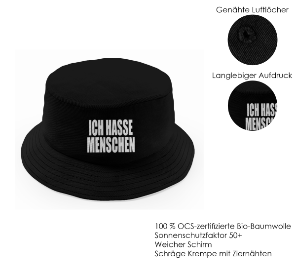Party Hut, Bucket Hat, Fischer Hut, Hut bedruckt mit Spruch: Ich hasse Menschen