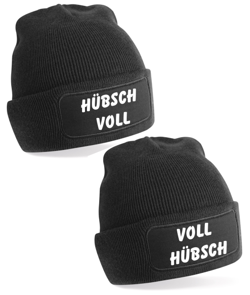 2er Set One Size Beanie, Mützen mit Spruch: Voll Hübsch Hübsch Voll, Partner Mützen, Couple Beanies