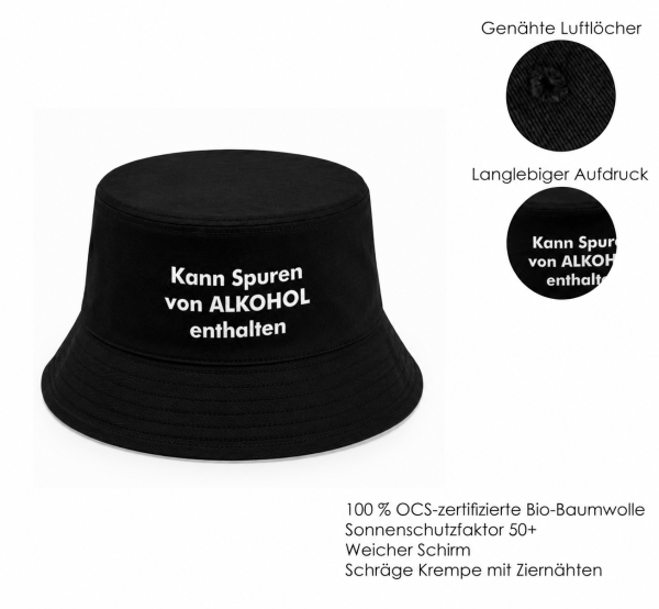 Party Hut, Bucket Hat, Fischer Hut, Hut bedruckt mit Spruch: Kann Spuren Vom Alkohol enthalten