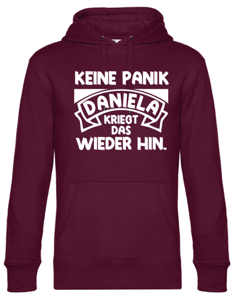 Premium Kapuzenpullover, Hoodie mit Motiv: Keine Panik - Wunschname kriegt das wieder hin, personalisiert, Farbe nach Wahl