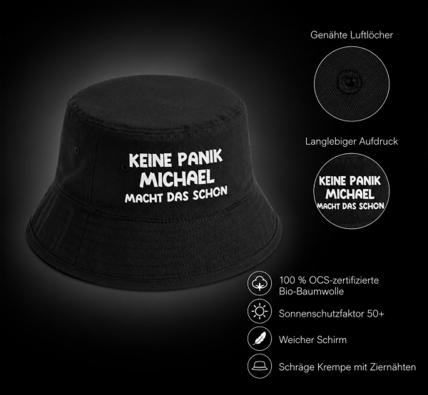Party Hut, Bucket Hat, Fischer Hut, Hut bedruckt mit Spruch: Keine Panik... Wunschname macht das schon