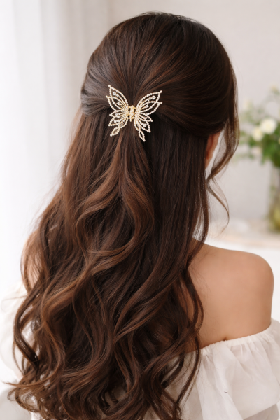 Edle Haarspange im Schmetterlingsdesign mit funkelnden Strasssteinen und Perlendetails – stilvolles Accessoire für elegante Frisuren
