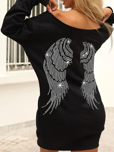 Lässiger schulterfreier Langarm-Longpullover, Minikleid mit Flügelmuster