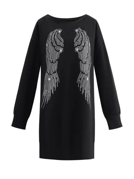 Lässiger schulterfreier Langarm-Longpullover, Minikleid mit Flügelmuster