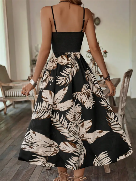 Damenkleid, Freizeitkleid, Maxikleid, schwarz mit Blattmuster, dünne Träger, Riemchenkleid, rückenfrei