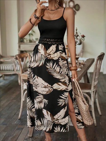Damenkleid, Freizeitkleid, Maxikleid, schwarz mit Blattmuster, dünne Träger, Riemchenkleid, rückenfrei
