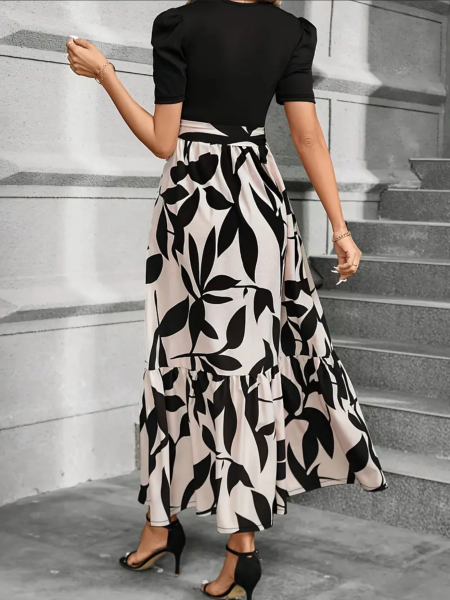 Damenkleid, Freizeitkleid 2 Farbig schwarz ecru mit Blattmuster, Kurzarmkleid