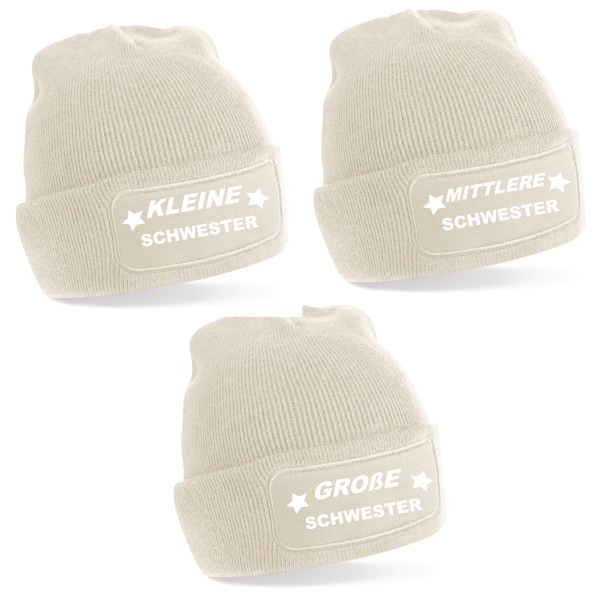 2er oder 3er Set One Size Beanie, Mütze bedruckt mit Spruch: Kleine Schwester, Mittlere Schwester, Große Schwester