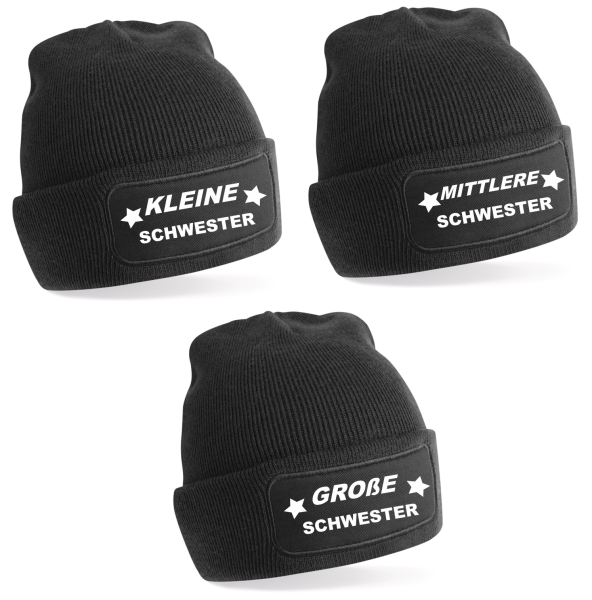 2er oder 3er Set One Size Beanie, Mütze bedruckt mit Spruch: Kleine Schwester, Mittlere Schwester, Große Schwester