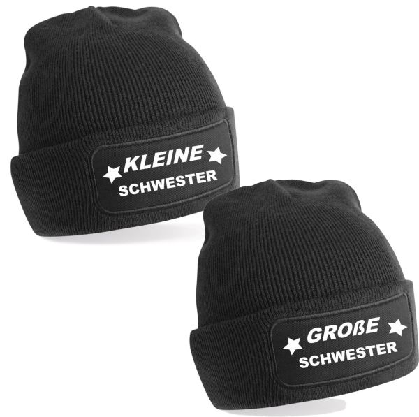 2er oder 3er Set One Size Beanie, Mütze bedruckt mit Spruch: Kleine Schwester, Mittlere Schwester, Große Schwester