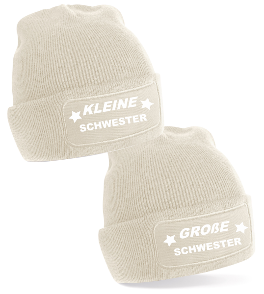 2er oder 3er Set One Size Beanie, Mütze bedruckt mit Spruch: Kleine Schwester, Mittlere Schwester, Große Schwester
