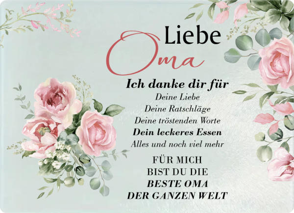 Glasschneidebrett, Frühstücksbrettchen, mit Motiv: Liebe Mama/ Oma/ Schwester ich danke dir für deine Liebe...