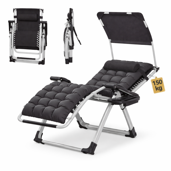 Komfortabler Premium Outdoor-Liegesessel mit integriertem Sonnenschutz,schwarz, faltbar, inklusive Getränkehalter und Seitentasche – ideal für Garten, Terrasse und Balkon