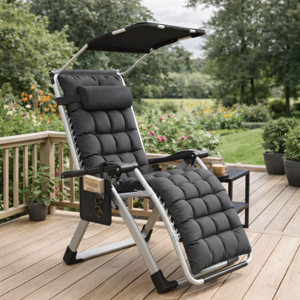 Komfortabler Premium Outdoor-Liegesessel mit integriertem Sonnenschutz,schwarz, faltbar, inklusive Getränkehalter und Seitentasche – ideal für Garten, Terrasse und Balkon