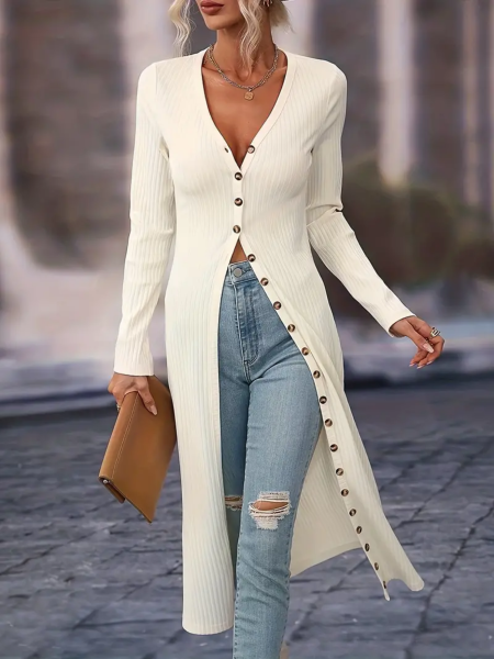 Damen Strickjacke, Langpullover, beige mit Knopfleiste - V-Ausschnitt