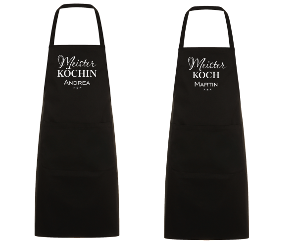Kochschürze mit Spruch "Meister Köchin / Koch mit Wunschnamen" Kochen Backen Schürze Geschenke Mama Oma Papa Opa