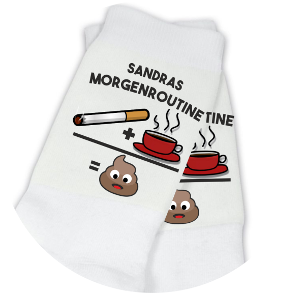 Socken weiß, div. Größen mit Motiv: Morgenroutine mit Wunschnamen