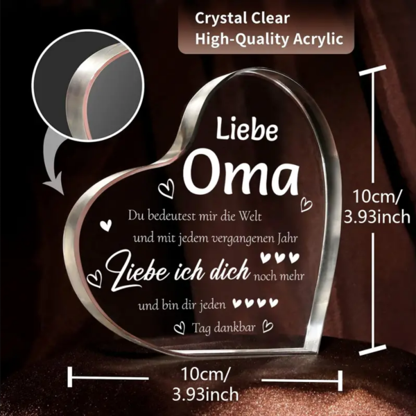 Acryl Herz, Acryl Aufsteller, mit Spruch:"Liebe Oma- du bedeutest mir die Welt..." Geburtstagsgeschenk