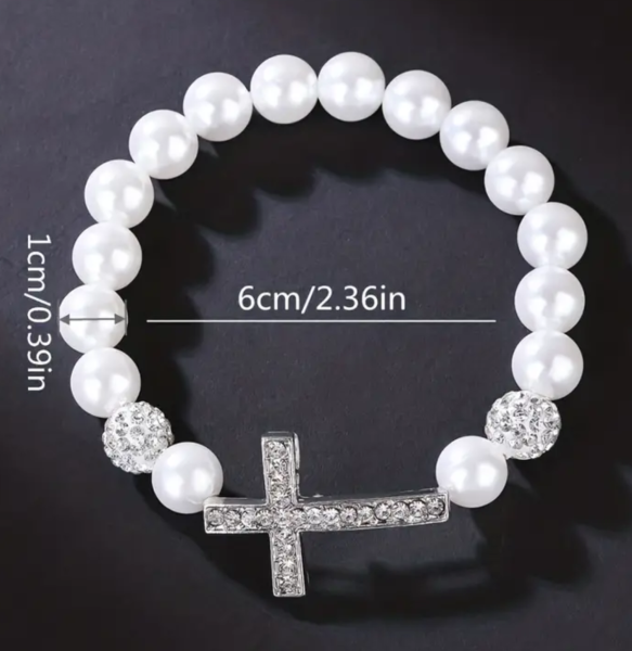 Perlenarmband, Damenarmband, mit Kreuz und Strasssteinen, Elastisches Armband