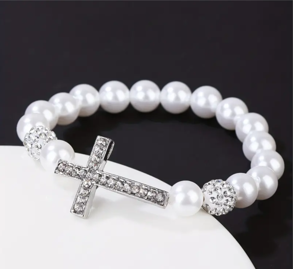 Perlenarmband, Damenarmband, mit Kreuz und Strasssteinen, Elastisches Armband