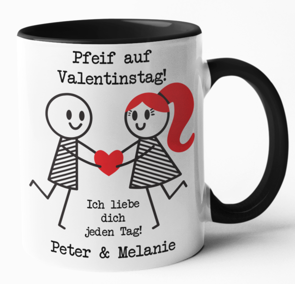 Kissen oder Tasse "Pfeif auf Valentinstag mit Wunschnamen - Motiv: Strichmännchen