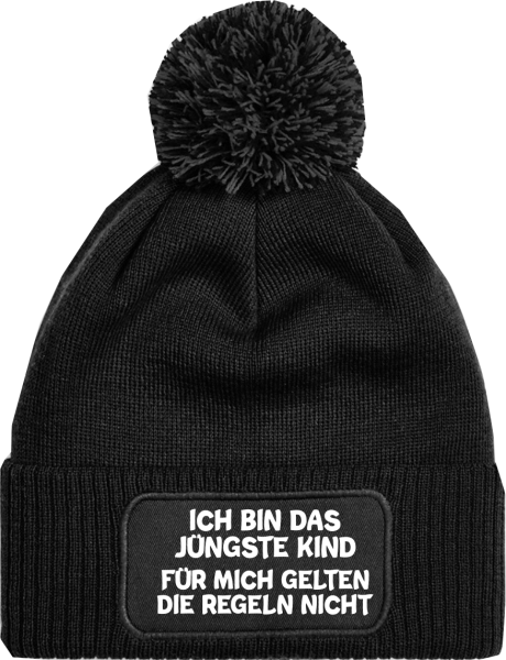 3er Set One Size Beanie mit Bommel, Bommelmütze: Das Jüngste, Das Mittlere, Das Älteste KiND - REGELN der Familie