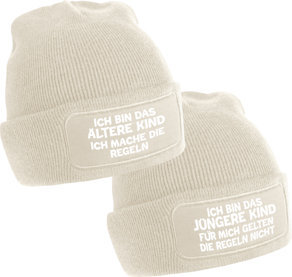 2er Set One Size Beanie, Mütze bedruckt mit Spruch: Ich bin das Ältere Kind, Ich bin das Jüngere Kind