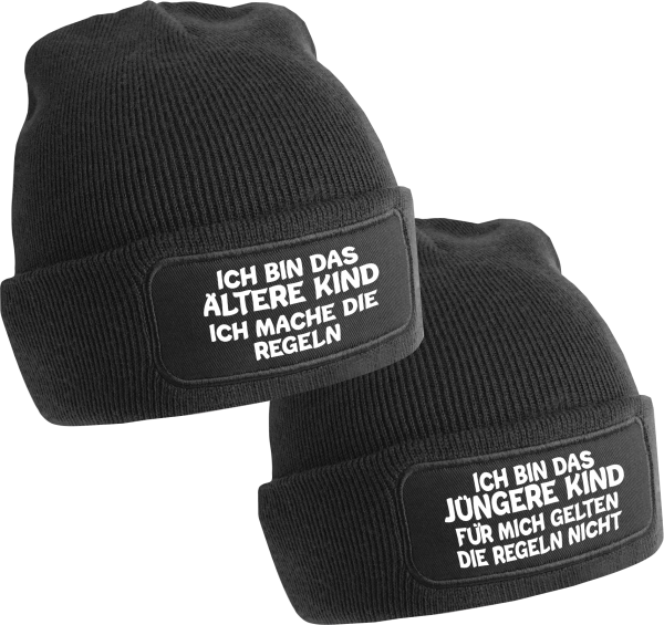 2er Set One Size Beanie, Mütze bedruckt mit Spruch: Ich bin das Ältere Kind, Ich bin das Jüngere Kind