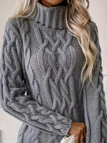 Damen Rollkragenpullover mit Zopfmuster, Tiefgrau