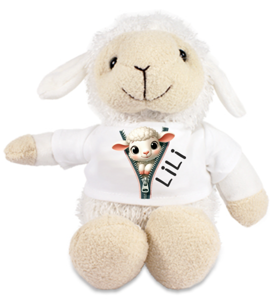 Stofftier, Kuscheltier mit lustigem Tiermuster: Hase, Bär, Giraffe, Elefant, Schaf mit Wunschnamen und Mini Tshirt - Motiv nach Wahl