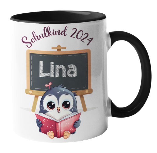 Weiße oder schwarzweiße Tasse "Schulkind 2025 Motiv Katze oder Pinguin, personalisiert"