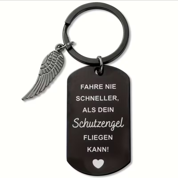 Schlüsselanhänger mit Gravur "Fahre nie schneller als dein Schutzengel fliegen kann." mit Engelsflügel- schwarz