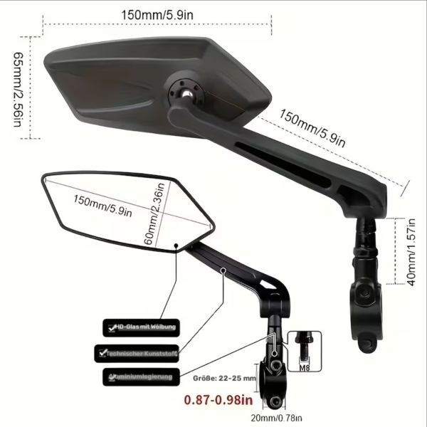 2x Fahrrad Rückspiegel Weitwinkel 360° Verstellbar – Lenkerspiegel aus ABS für E-Bike, Mountainbike, Roller & E-Scooter – Schwarzes Rechteck-Design