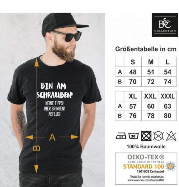 T-Shirt "Bin am Schrauben! Keine Tipps! Bier bringen! Abflug!"