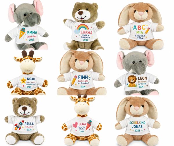 Kuscheltier Einschulung mit Namen, Stofftier personalisiert, Schultüte Geschenk, Elefant Bär Hase Giraffe, Schulkind 2026, Geschenk Schulanfang