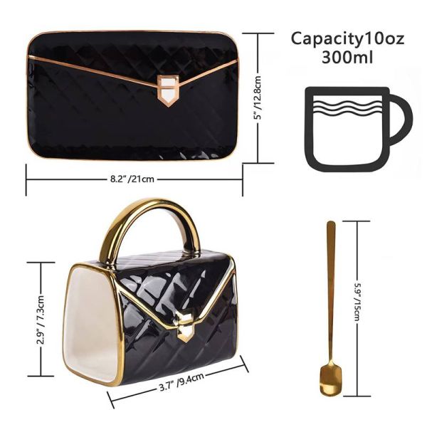 Handtaschenförmiges Kaffeeset, bestehend aus Kaffeetasse, Dessertteller (Untertasse), Löffel - Deluxe-