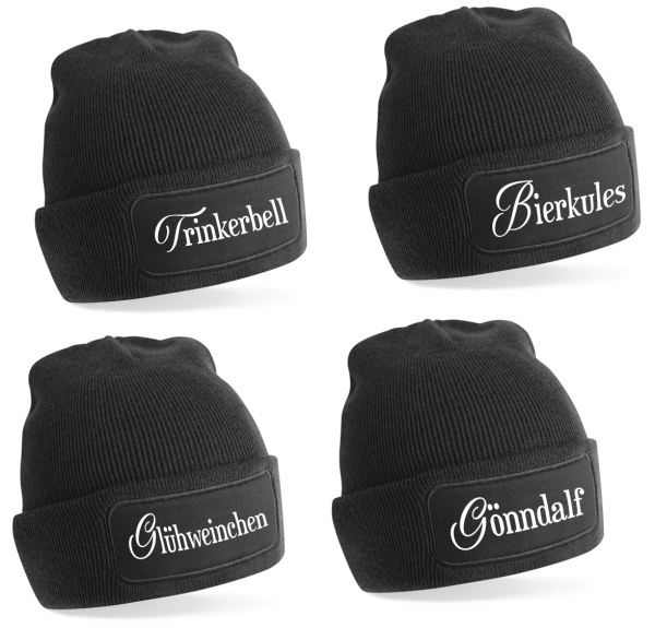 Schwarze One Size Beanie, Mütze bedruckt mit Spruch nach Wahl: Trinkerbell, Glühweinchen, Bierkules, Gönndalf
