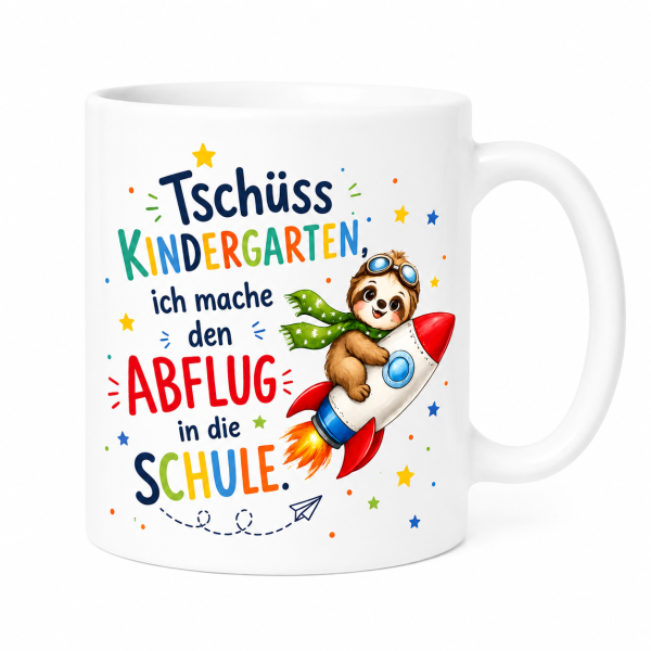 Schwarzweiße oder weiße Tasse "Tschüss Kita. Ich mache den Abflug in die Schule."