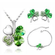 3-teilges Set Halskette, Armband, Ohrringe mit vierblättrigem Kleeblatt und grünem Strassstein.