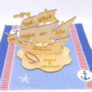 Holz Schiff, Dreimaster mit Gravur - Hochzeitsgeschenk, Ehe, 21 cm, Geldgeschenk,